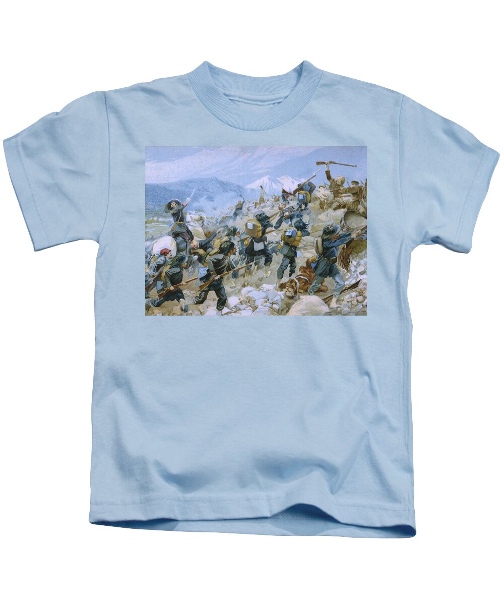 Male; Soldier; Soldiers; Army; Uniform; Military; Fighting; Infantry; Rider; Bayonet; Charge; Horse; Horseback; Riding; Nationalist; Nationalists; Italian Unification; War Of Independence Kids T-Shirt featuring the painting Crimean War and The Battle of Chernaya by Italian School