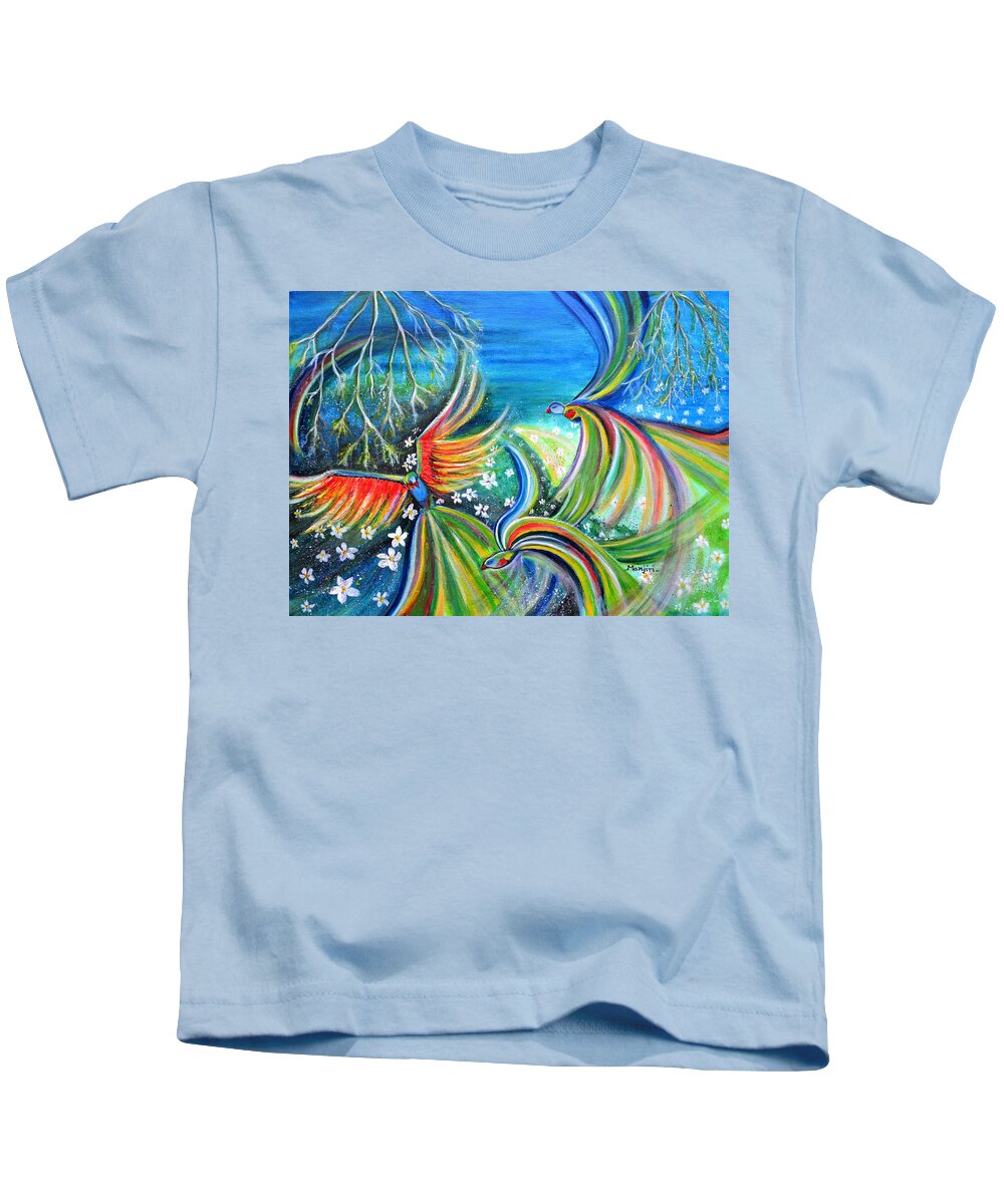 Parrots Kids T-Shirt featuring the painting Dance of the Birds textured abstract colorful painting by Manjiri Kanvinde