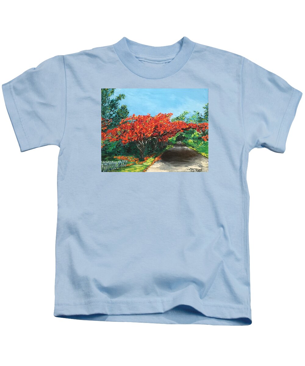 Flamboy�n Kids T-Shirt featuring the painting El Flamboyan en mi Camino by Melissa Torres