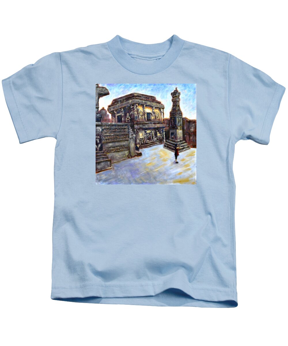 Ellora Caves Kids T-Shirt featuring the painting Ellora Caves - Kailash Temple by Uma Krishnamoorthy