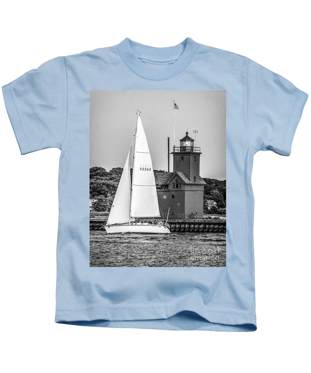 Holland Kids T-Shirt featuring the photograph Evening Sail At Holland Light - BW by Nick Zelinsky Jr