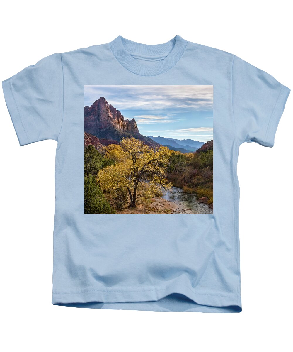 Watchman Tower Kids T-Shirt featuring the photograph Fall Evening at Zion by James Woody