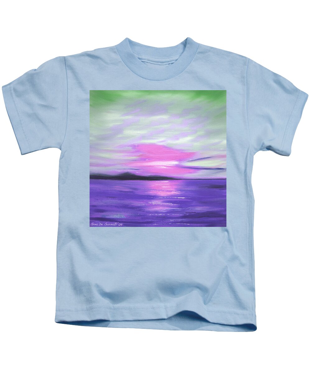 Green Kids T-Shirt featuring the painting Green Skies and Purple Seas Sunset by Gina De Gorna