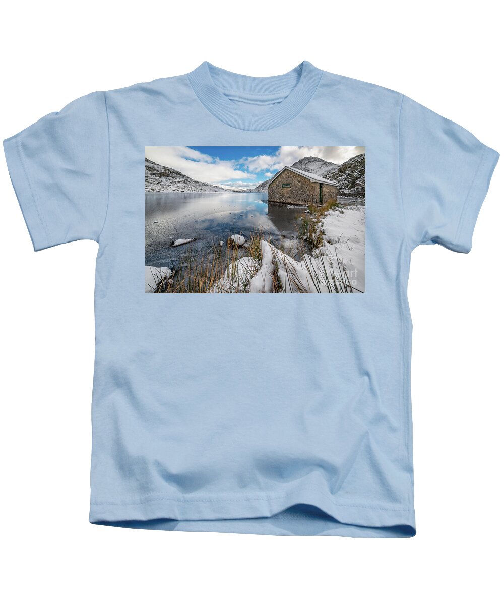 Tryfan Mountain Kids T-Shirt featuring the photograph Icy Lake Snowdonia by Adrian Evans