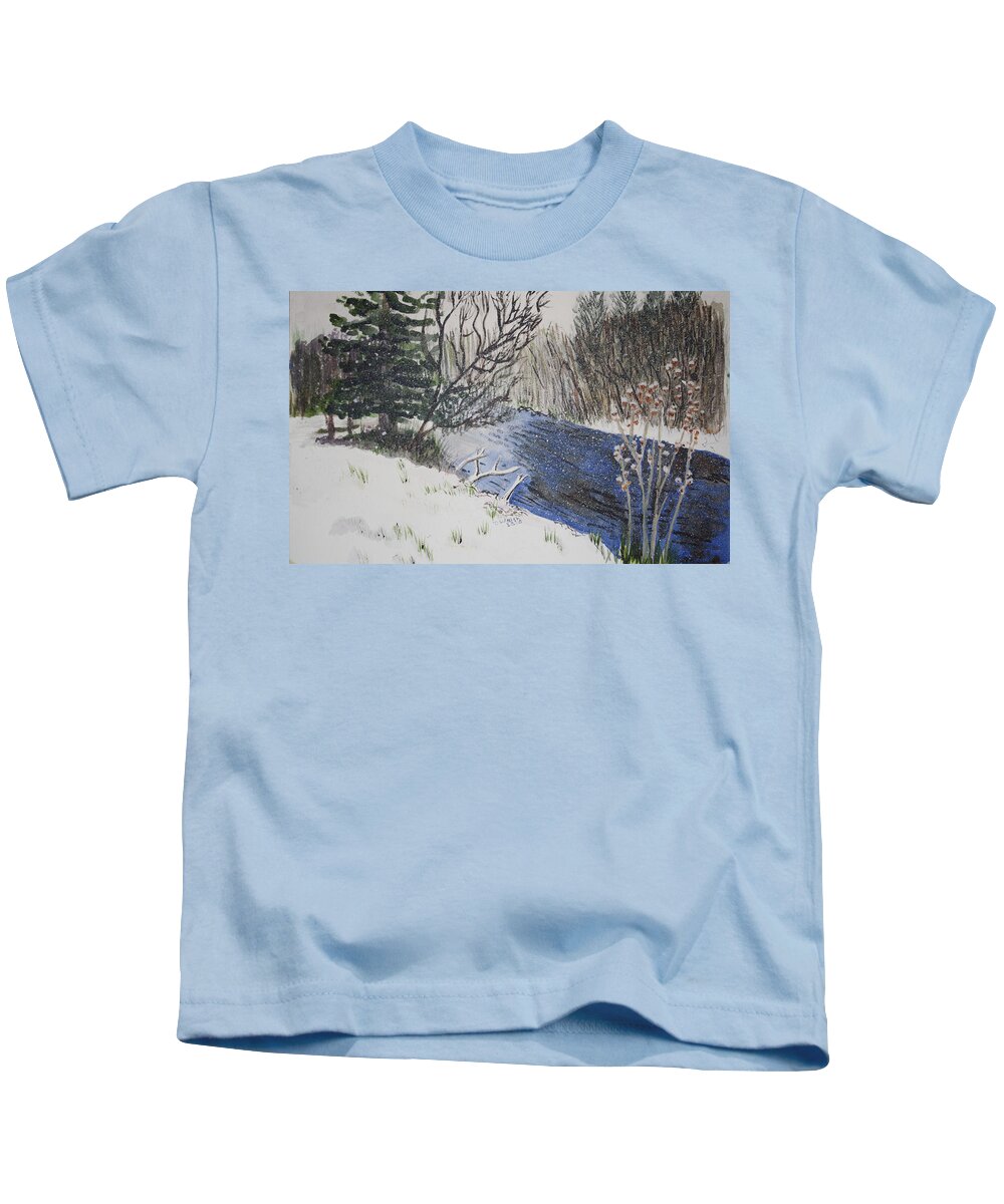  Landscapes Kids T-Shirt featuring the painting Johnson Vermont in Spring Snow Storm by Donna Walsh