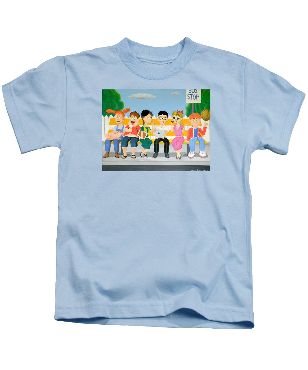 Kids At The Bus Stop Kids T-Shirt featuring the painting Kids At The Bus Stop by Winton Bochanowicz