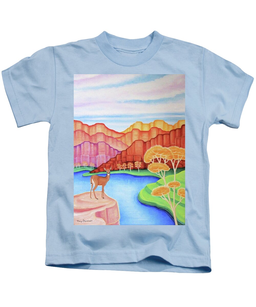 White Tailed Deer Southwest River Landscape Kids T-Shirt featuring the painting Land of Enchantment by Tracy Dennison