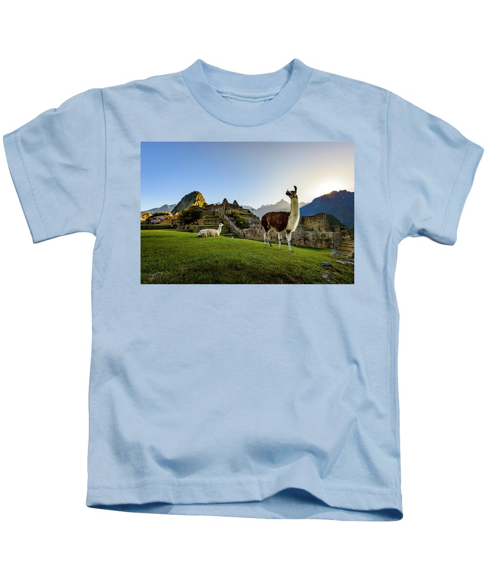 Sunrise Kids T-Shirt featuring the photograph Llamas at the Ruins by Oscar Gutierrez