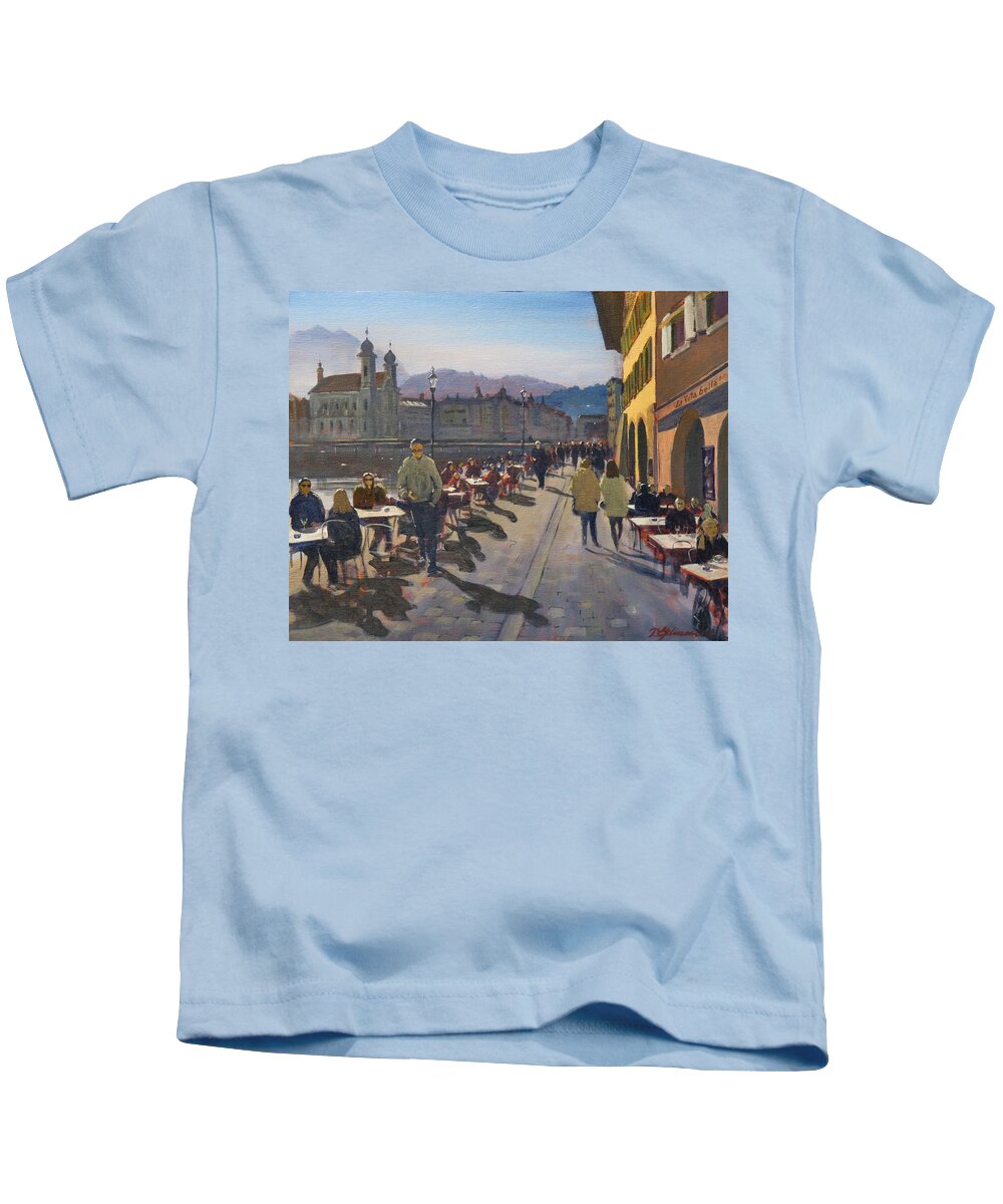 Switzerland Kids T-Shirt featuring the painting Lunchtime in Luzern by David Gilmore
