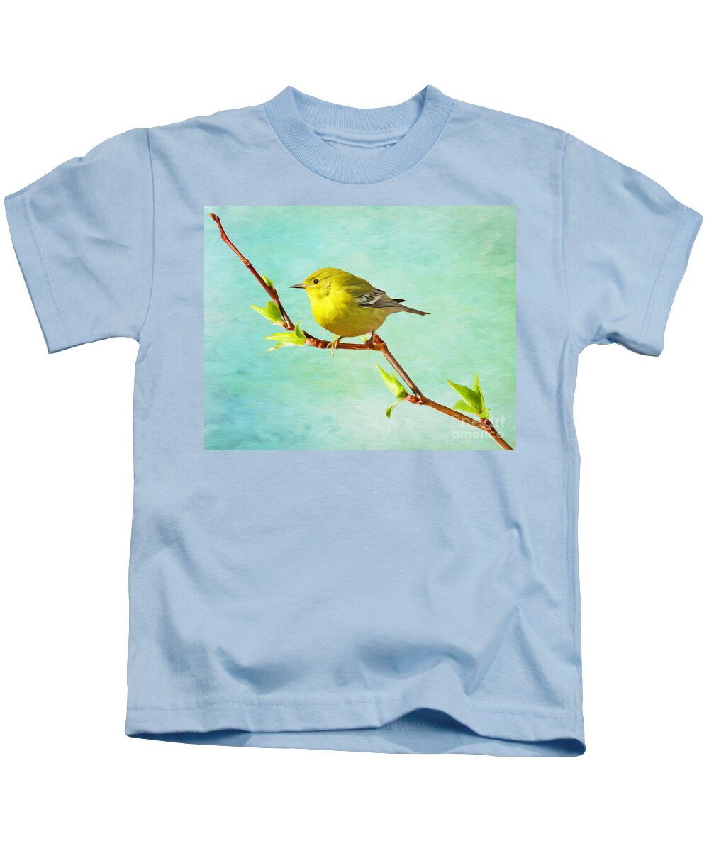 Pine Warbler Kids T-Shirt featuring the photograph Male Pine Warbler on Forsythia Branch by Laura D Young