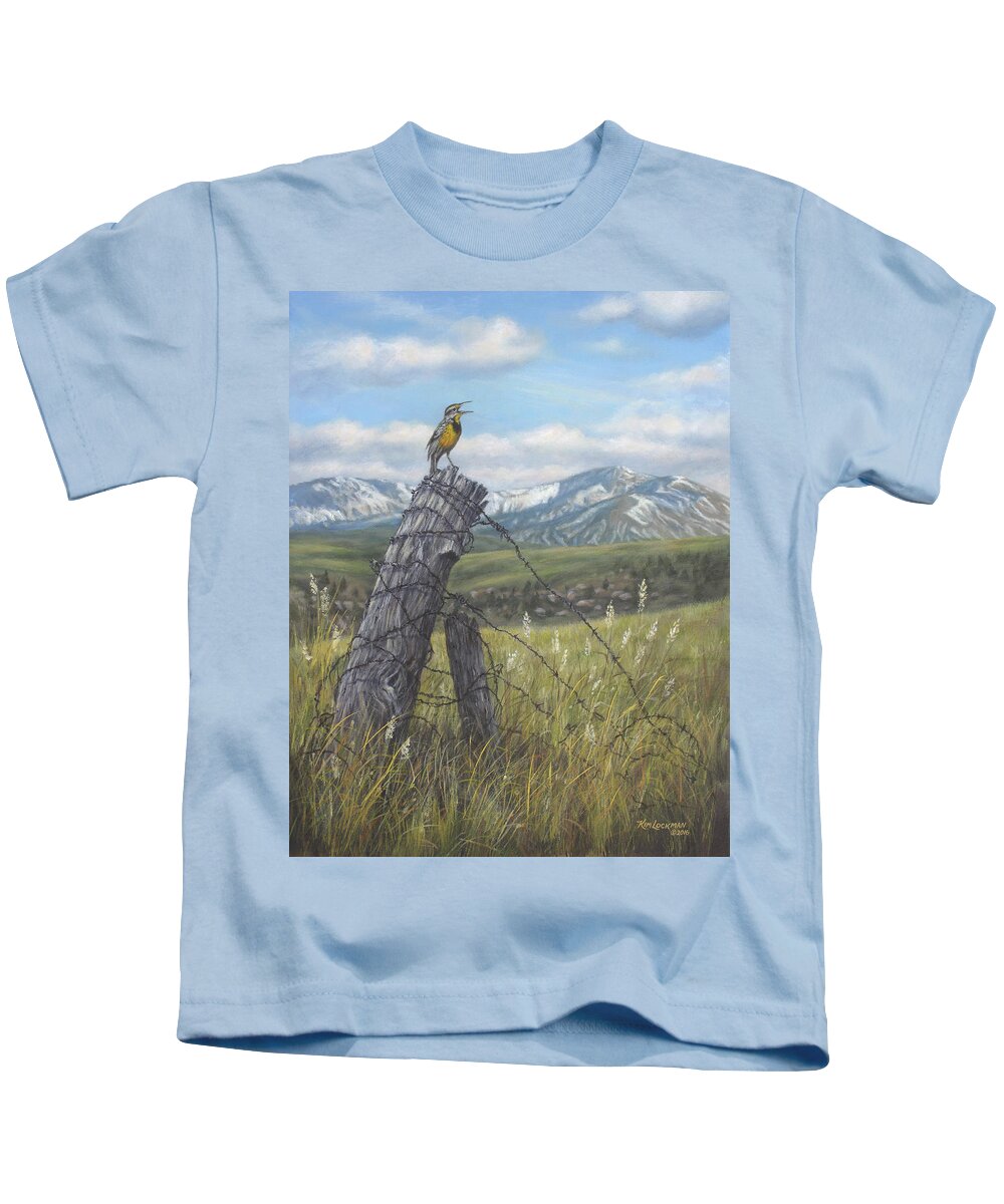 Meadowlark Kids T-Shirt featuring the painting Meadowlark Serenade by Kim Lockman
