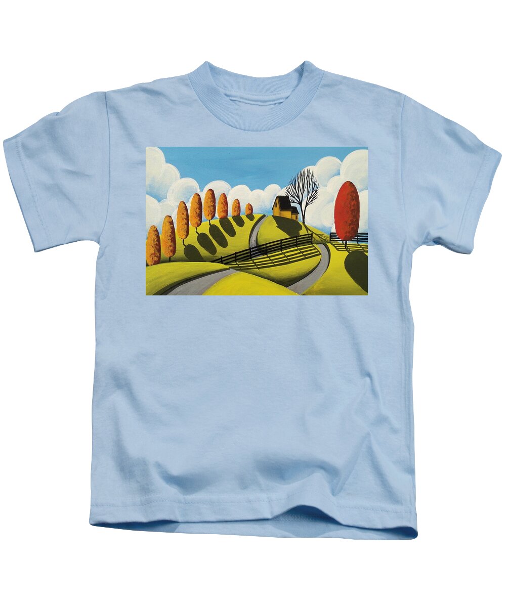 Art Kids T-Shirt featuring the painting Mustard Cottage - folk art landscape by Debbie Criswell