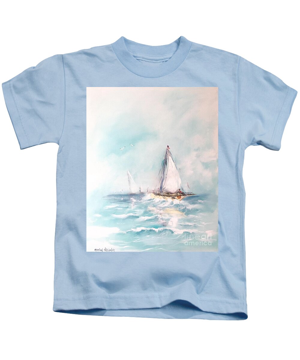 Ocean Blues Water Sea Sailing Ship Boat Wave Blue White Harbor Seascape Sky Cloud Acrylic On Canvas Print Painting Kids T-Shirt featuring the painting Ocean blues by Miroslaw Chelchowski