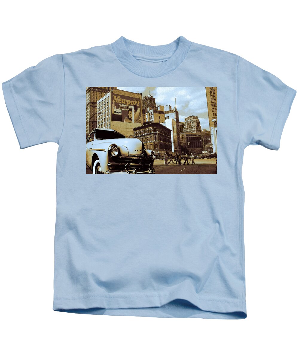 Detroit Kids T-Shirt featuring the drawing Old Detroit City View - Vintage Art by Peter Potter