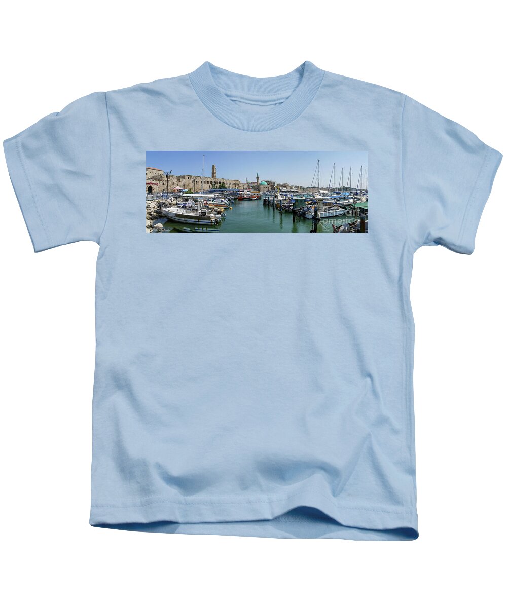 Harbor Kids T-Shirt featuring the photograph Panorama in Acre harbor by Arik Baltinester