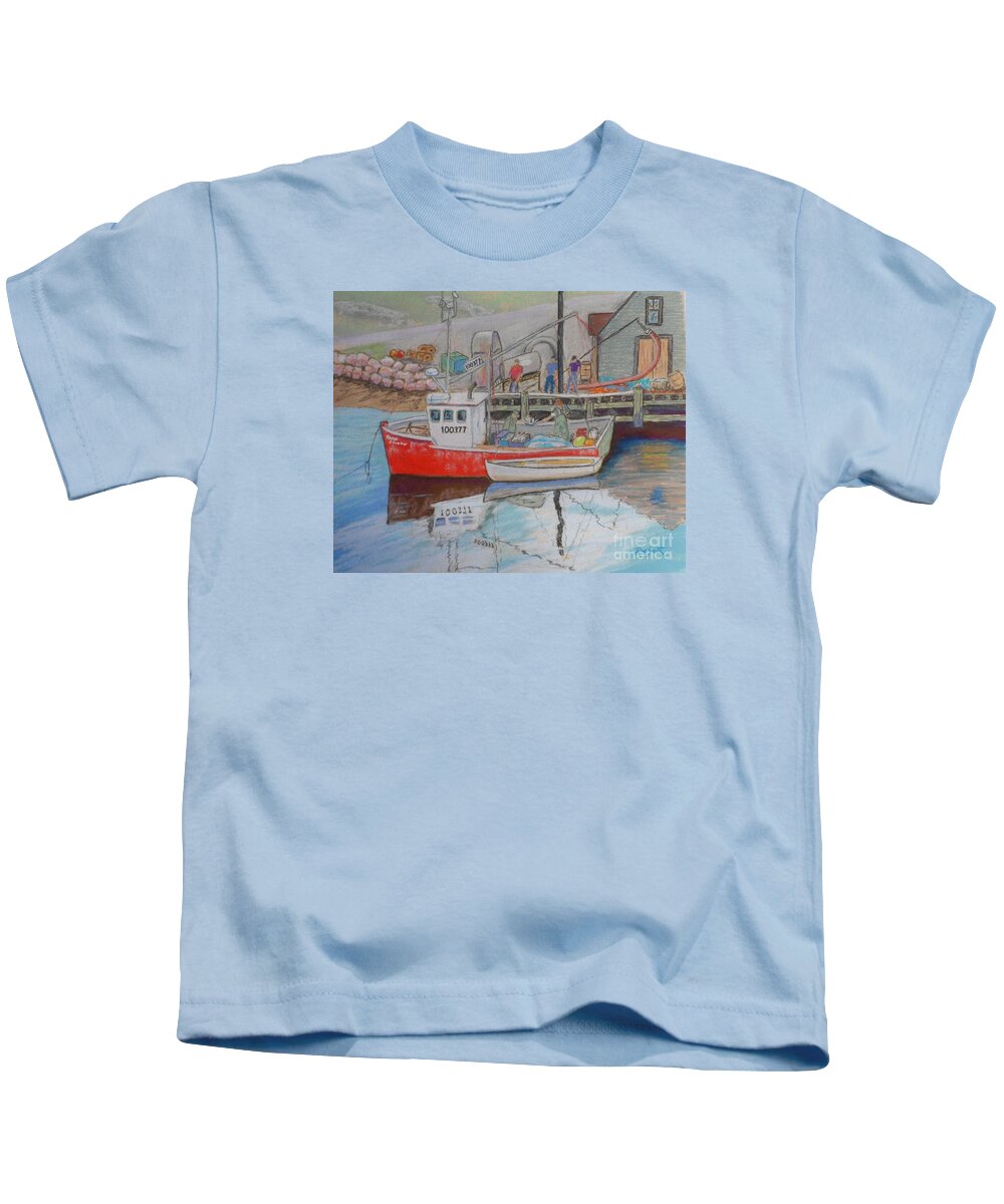 Pastels Kids T-Shirt featuring the pastel Peggy's Cove Fishermen by Rae Smith