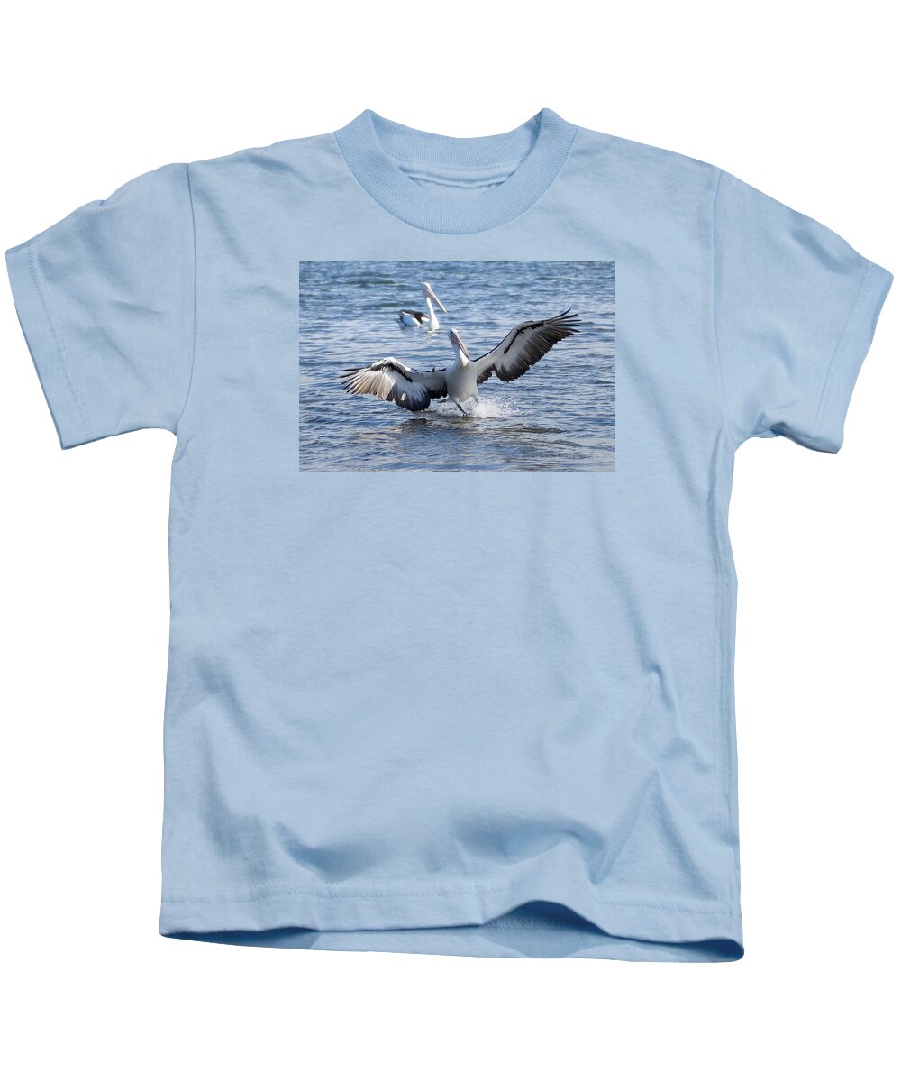 Pelicans Kids T-Shirt featuring the photograph Pelican landing 01 by Kevin Chippindall