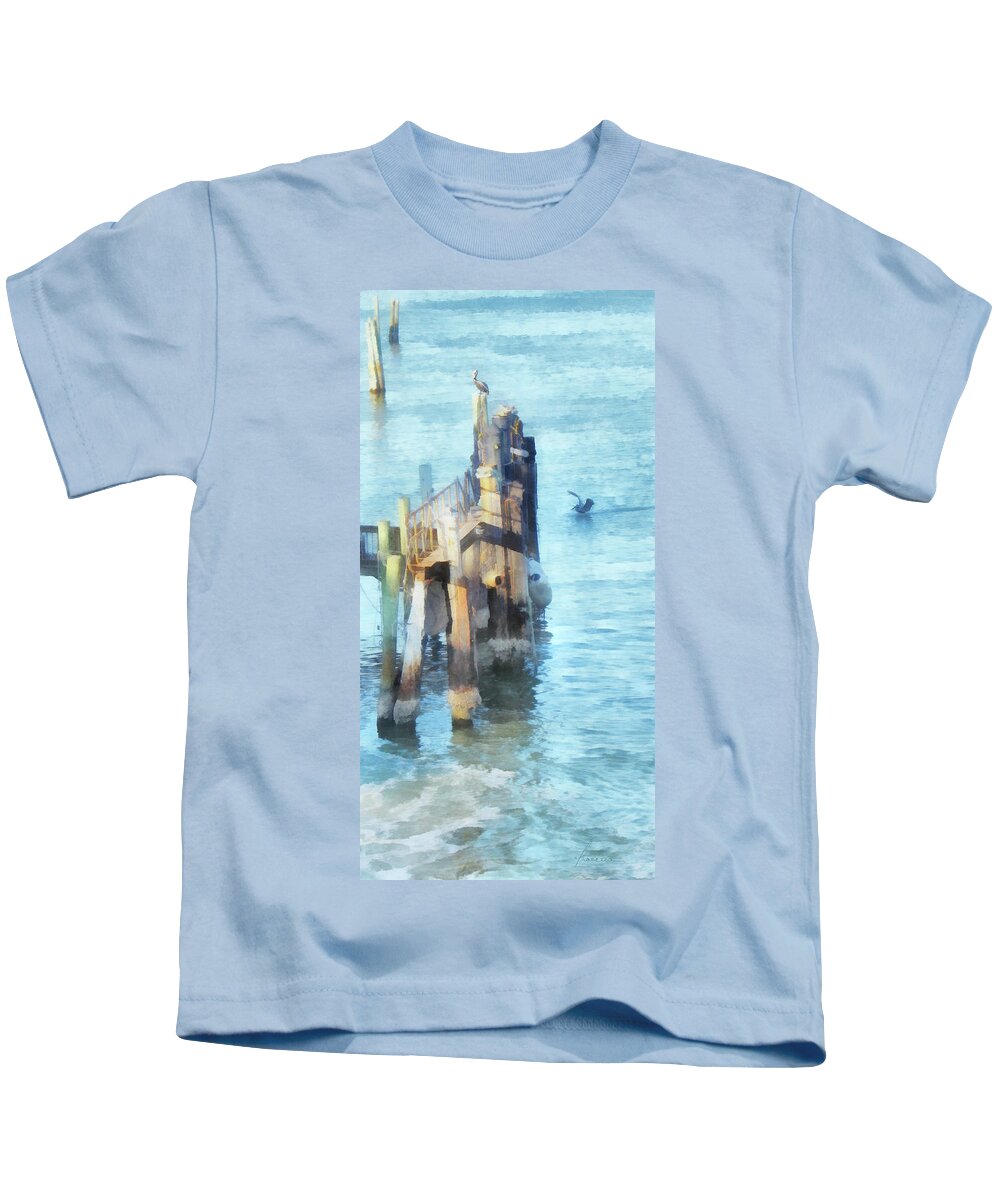 Birds Kids T-Shirt featuring the digital art Pelicans on the Waterfront by Frances Miller