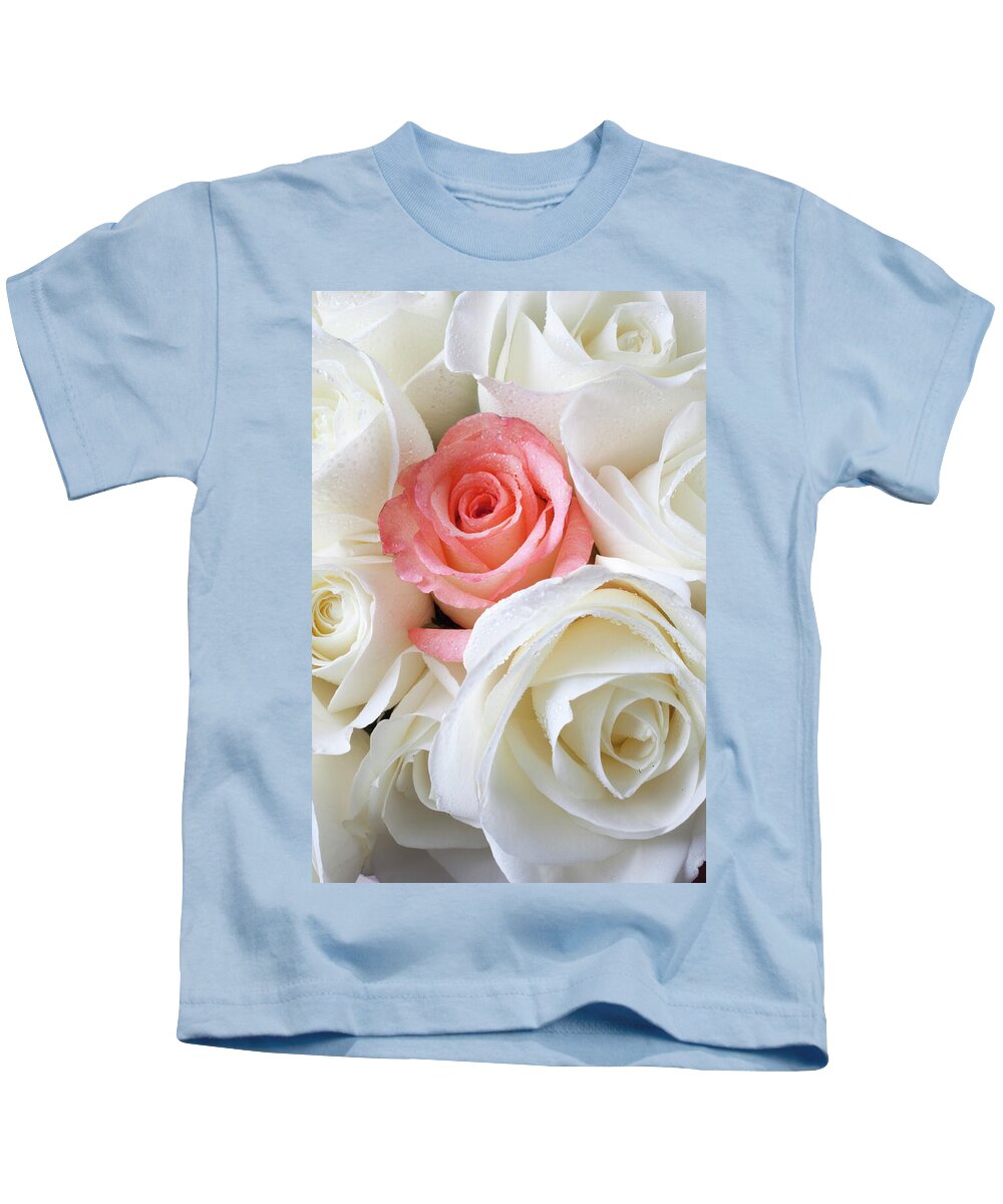 Pink Rose White Roses Kids T-Shirt featuring the photograph Pink rose among white roses by Garry Gay