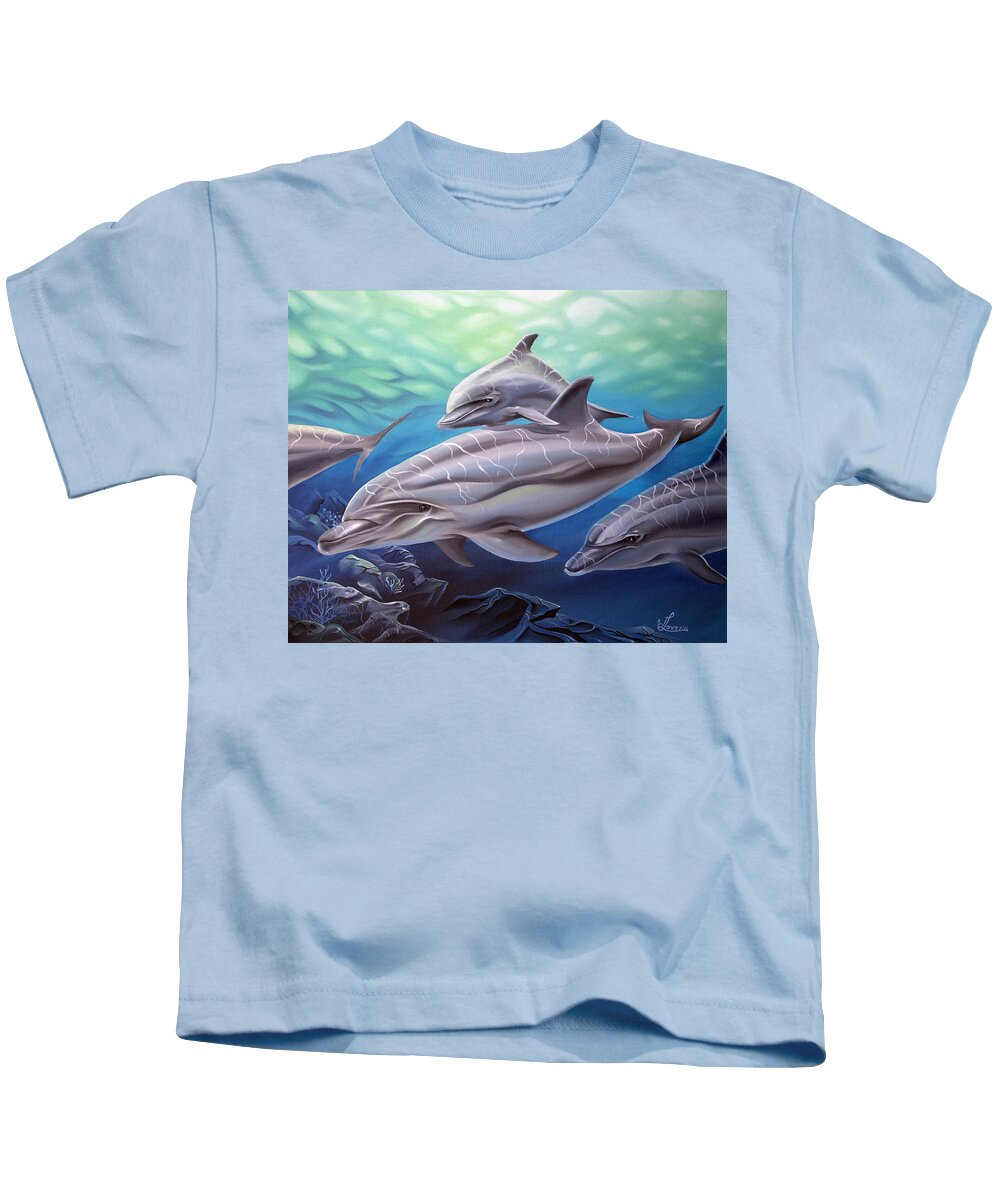 Dolphins Kids T-Shirt featuring the painting Playground by William Love