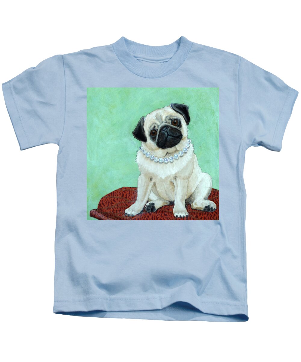 Pug Kids T-Shirt featuring the painting Pug with Pearls Square by Ande Hall