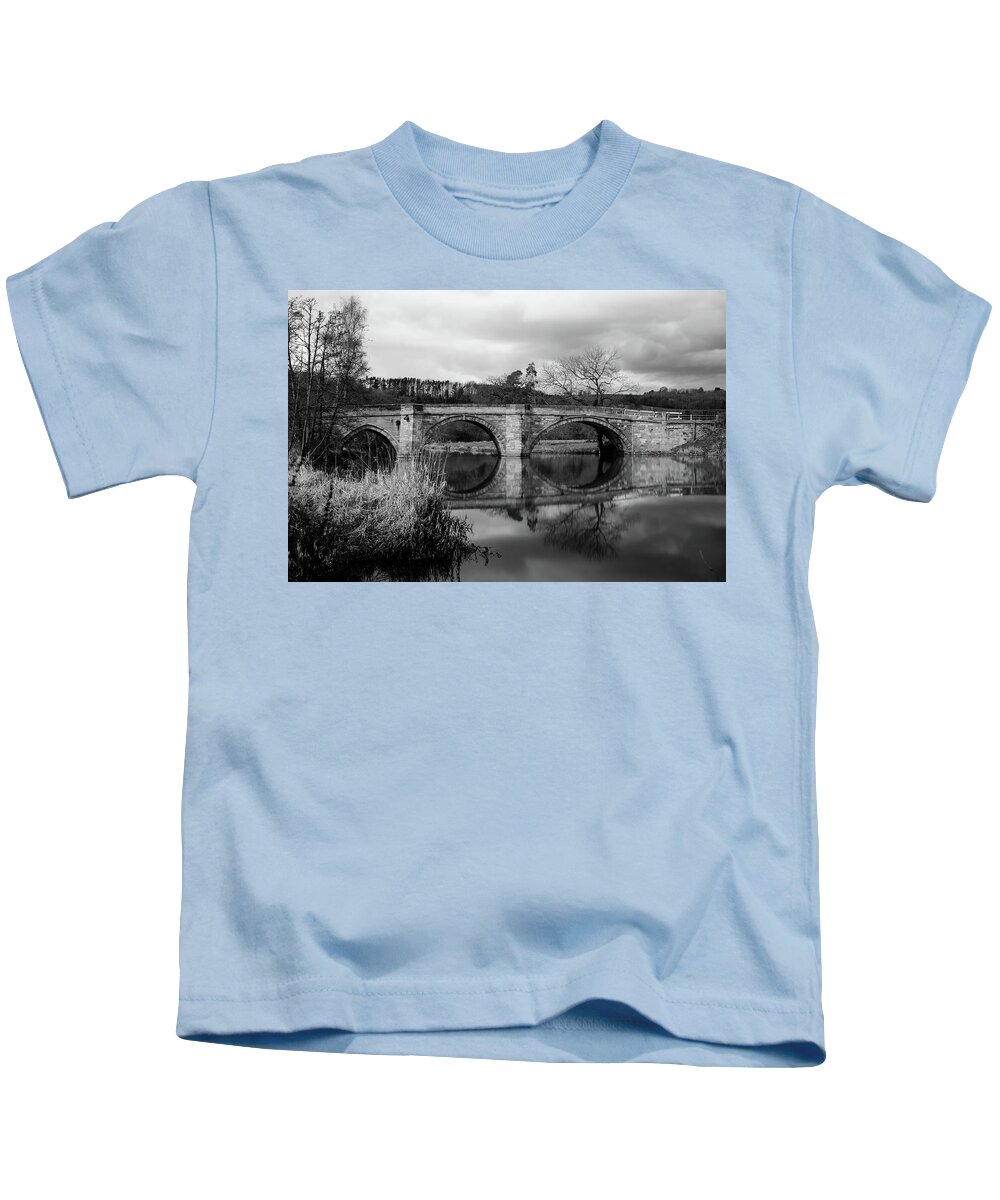 B & W Kids T-Shirt featuring the photograph Reflecting Oval Stone Bridge in Blanc and White by Dennis Dame