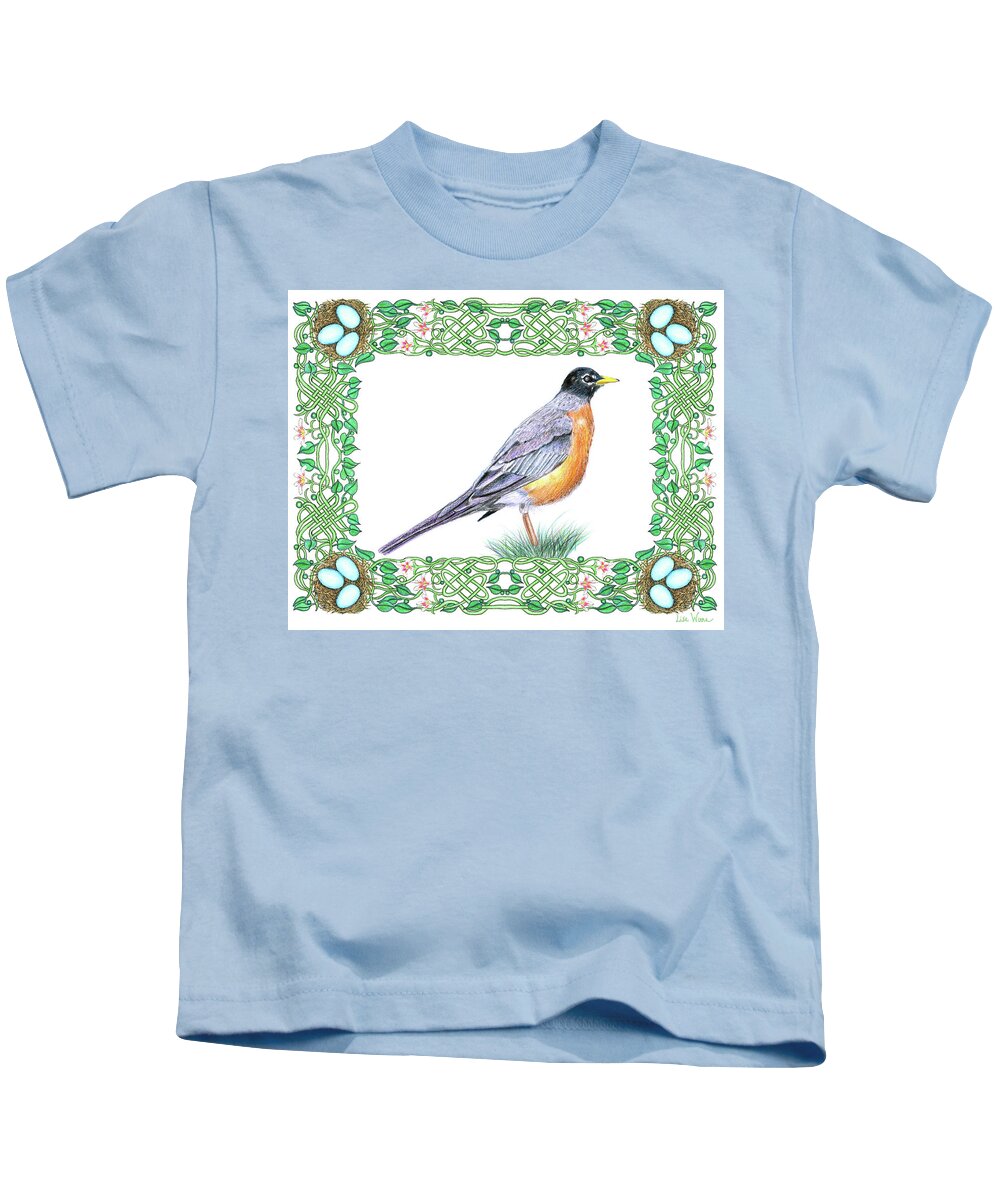 Lise Winne Kids T-Shirt featuring the drawing Robin in Spring by Lise Winne