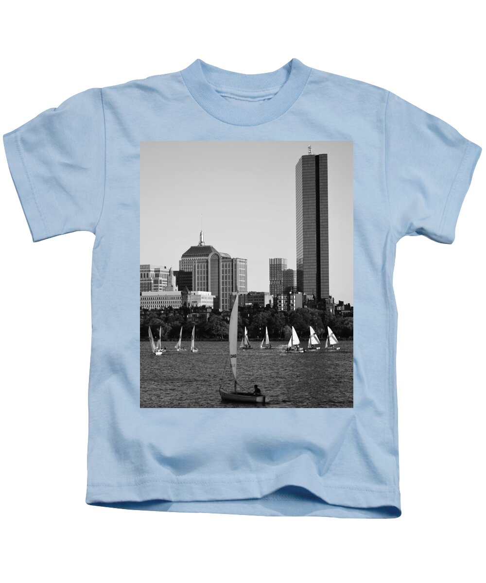 Charles Kids T-Shirt featuring the photograph Sailing the Charles River Boston MA Black and White by Toby McGuire