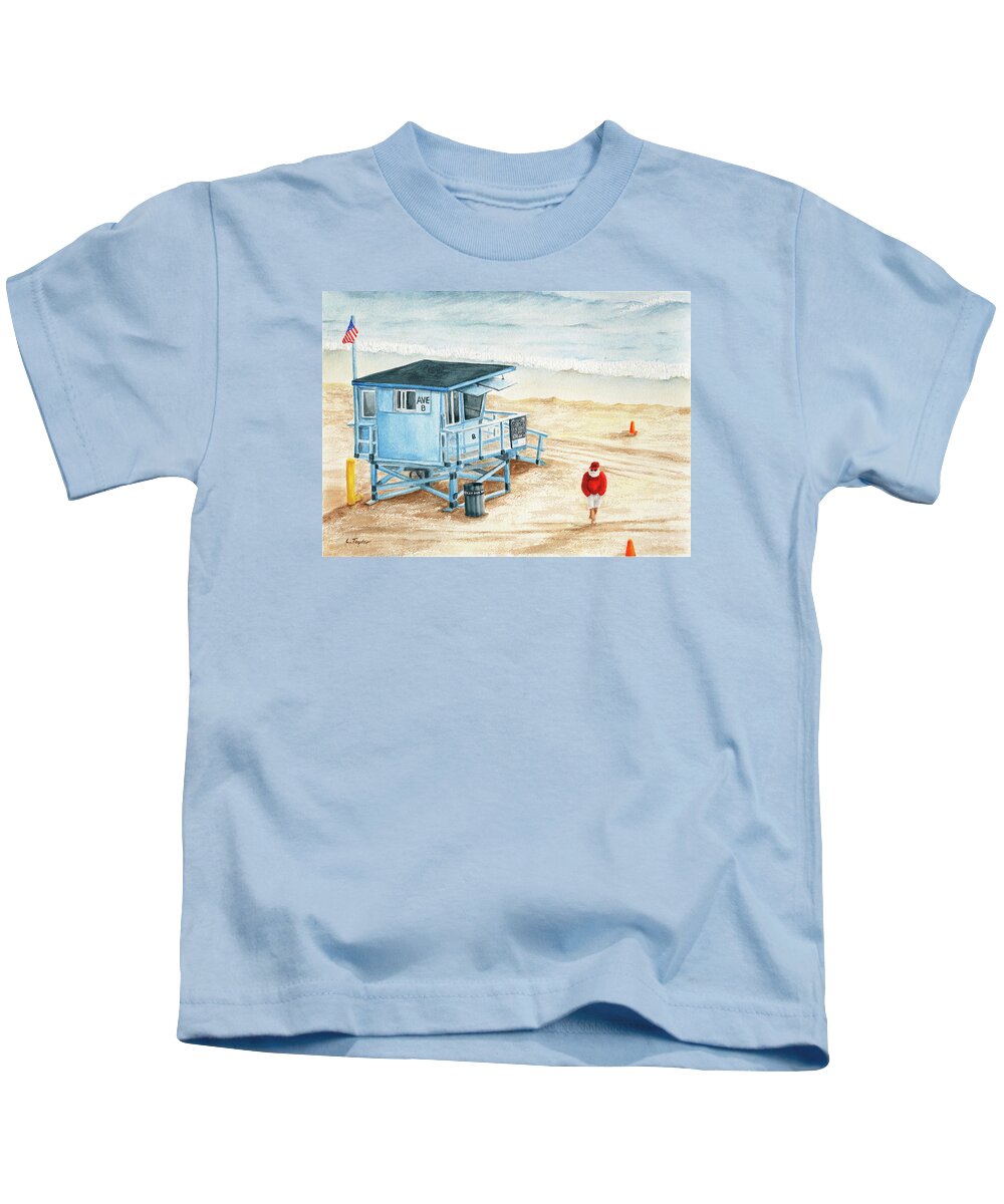 Santa On The Beach Kids T-Shirt featuring the painting Santa is on the Beach by Lori Taylor