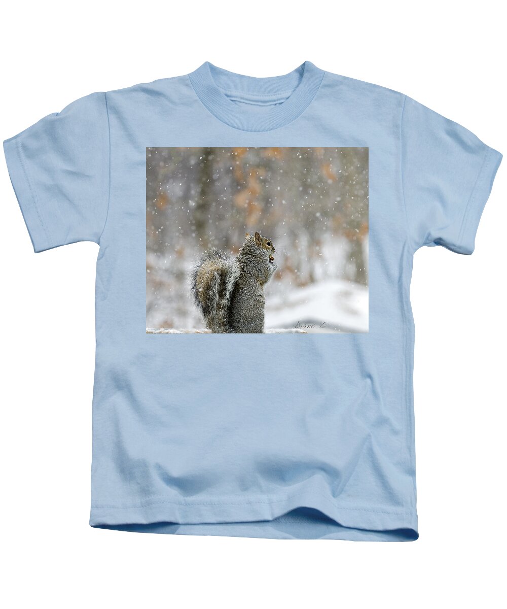 Snow Squirrel Kids T-Shirt featuring the photograph Snow Squirrel by Diane Giurco