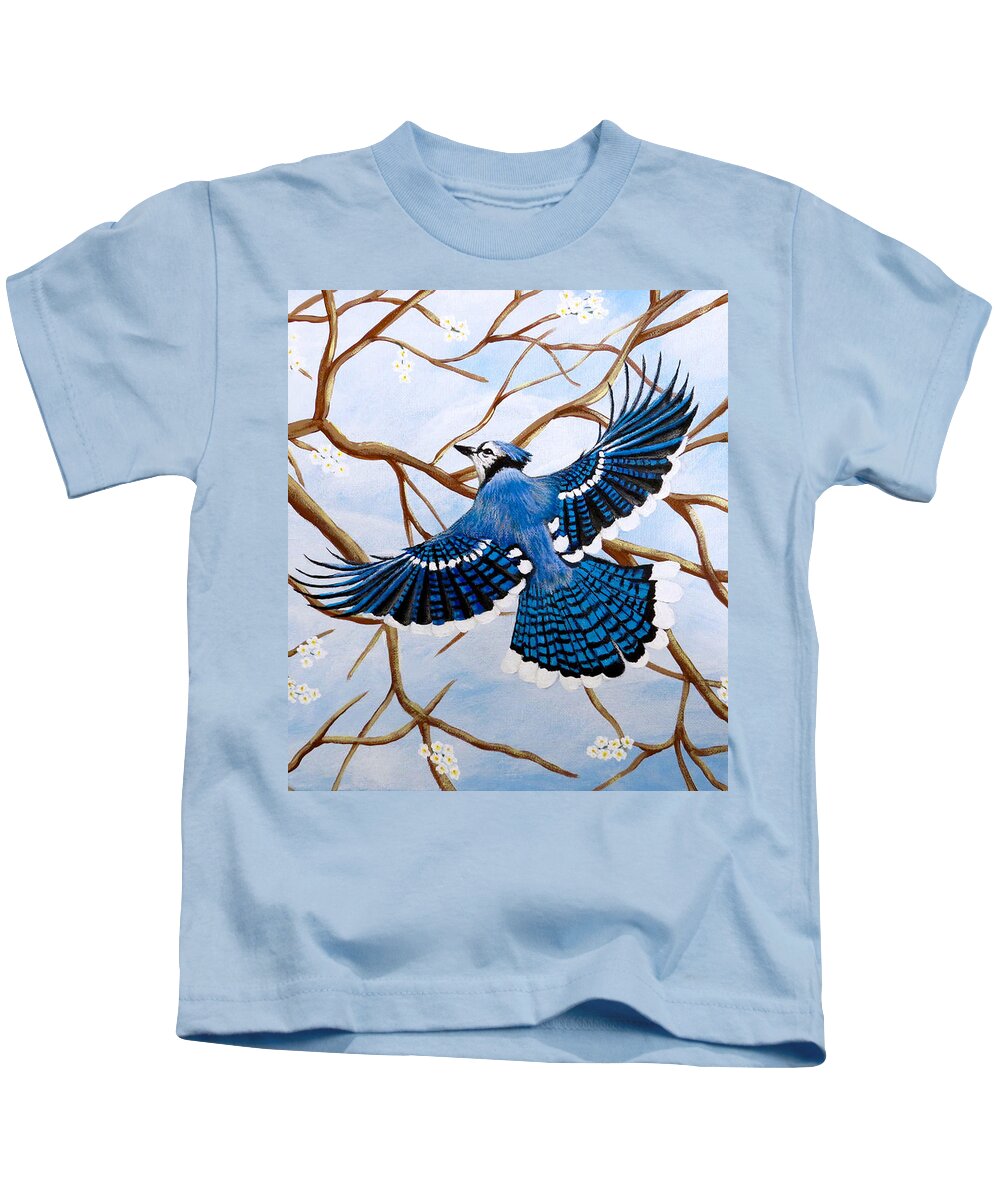 Blue Jay Kids T-Shirt featuring the painting Soaring Blue Jay by Teresa Wing