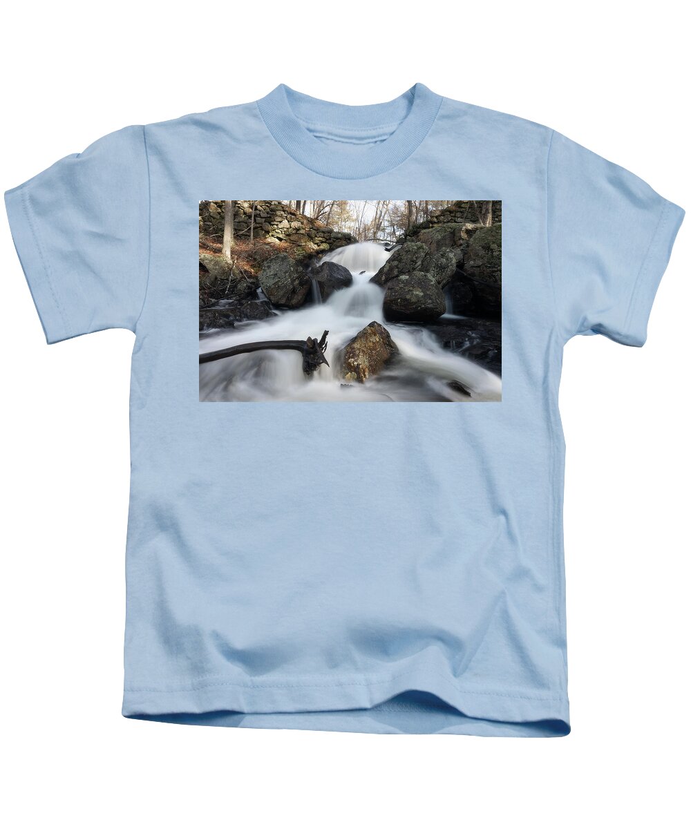 Rutland Ma Mass Massachusetts Waterfall Water Falls Nature New England Newengland Outside Outdoors Natural Old Mill Site Woods Forest Secluded Hidden Secret Dreamy Long Exposure Brian Hale Brianhalephoto Peaceful Serene Serenity Splits Tree Logs Divide Kids T-Shirt featuring the photograph Splits by Brian Hale