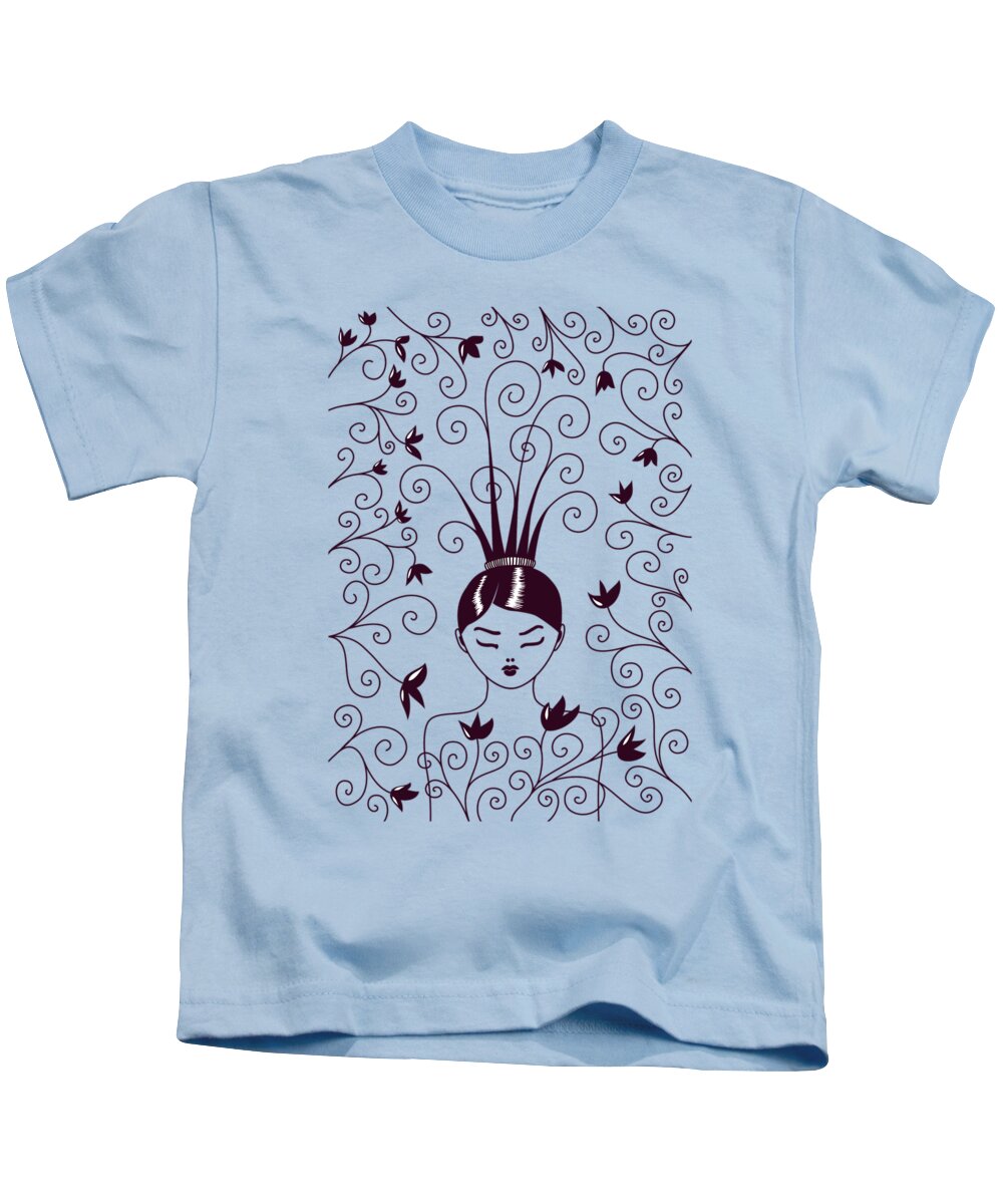 Vector Kids T-Shirt featuring the digital art Strange Hairstyle And Flowery Swirls by Boriana Giormova