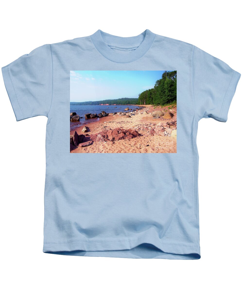 Lake Superior Kids T-Shirt featuring the digital art Summer Shores of Lake Superior by Phil Perkins