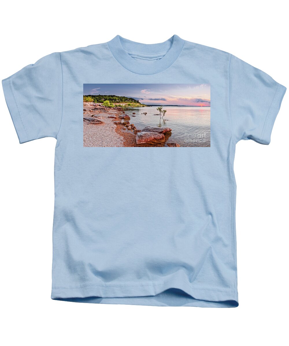 State Kids T-Shirt featuring the photograph Sunset Panorama of Canyon Lake East Shore New Braunfels Guadalupe River Texas Hill Country by Silvio Ligutti