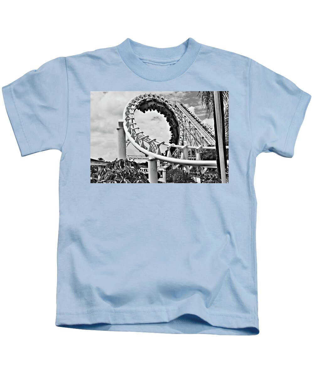 Roller Coaster Kids T-Shirt featuring the photograph The Loop Black and White by Douglas Barnard
