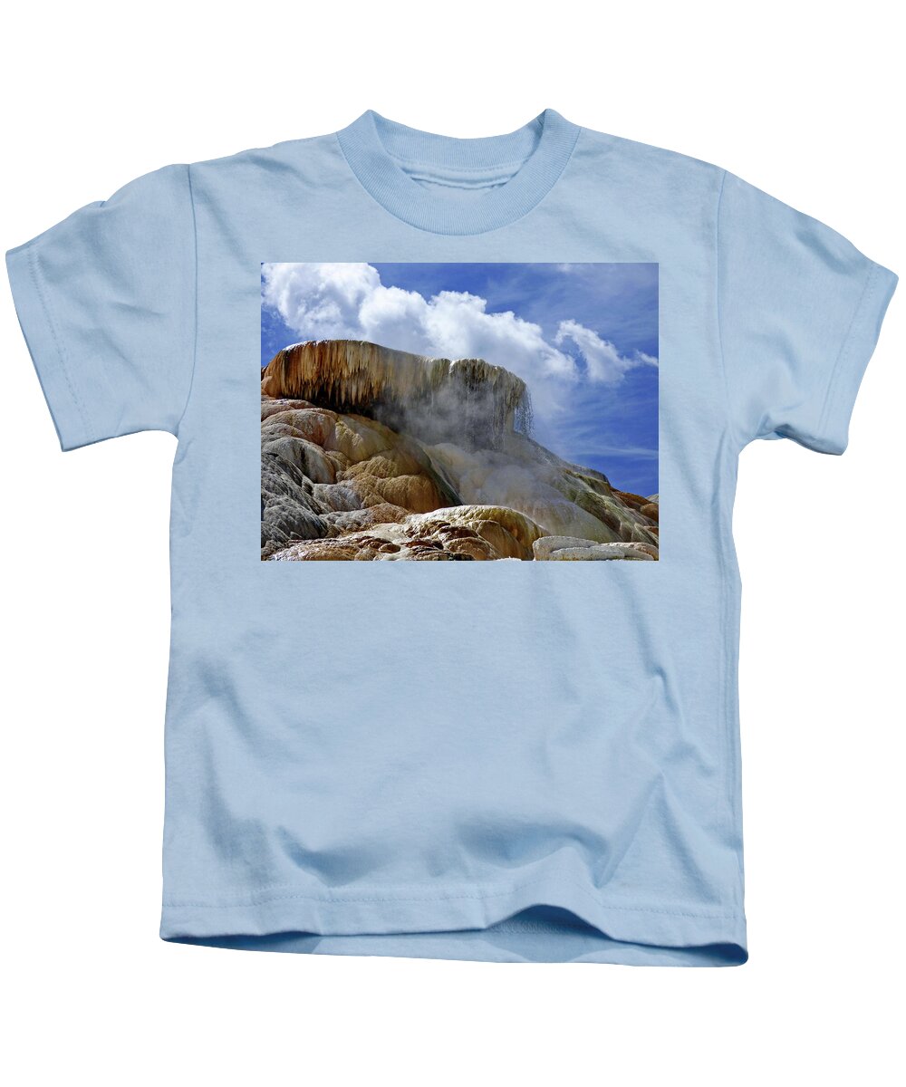 Mammoth Hot Springs Kids T-Shirt featuring the photograph The top of Palette Spring Terrace, Mammoth Hot Springs, Yellowstone by Lyuba Filatova