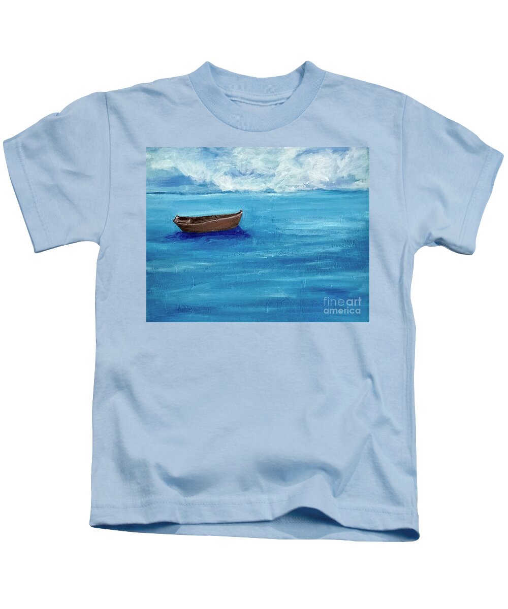 Boats. Boating. Lake. Ocean. Water. Beach. Cottage Life Kids T-Shirt featuring the painting the Untethered Soul by Sherry Harradence