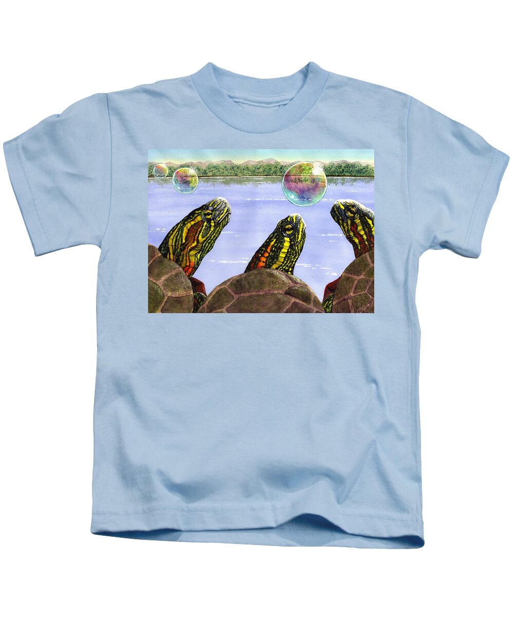 Turtle Kids T-Shirt featuring the painting Three Turtles Three Bubbles by Catherine G McElroy