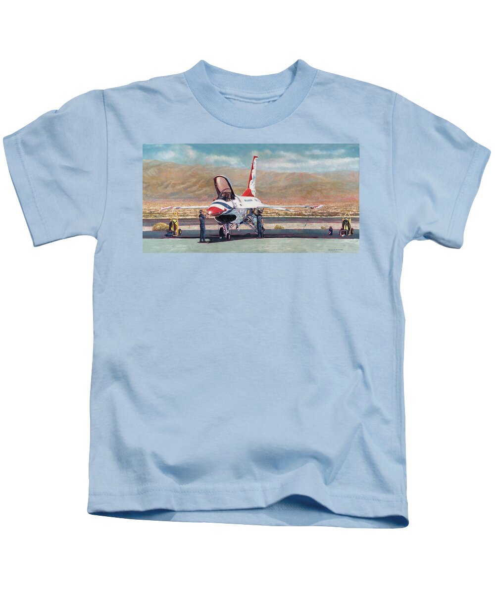 Aviation Kids T-Shirt featuring the painting Thunderbird Maintenance by Douglas Castleman