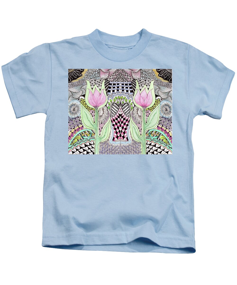 Tulips Flowers Watercolors Pen And Ink Zentangle Designs Kids T-Shirt featuring the painting Two Tulips by Ruth Dailey