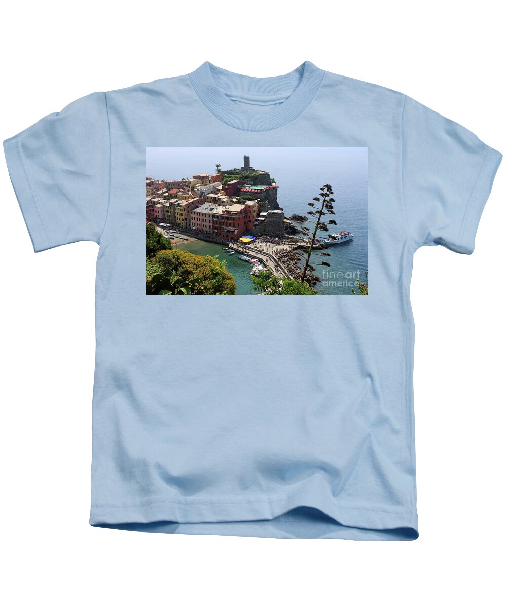 Cinque Terre Kids T-Shirt featuring the photograph Vernazza in Cinque Terre Italy seen from bluff by Adam Long