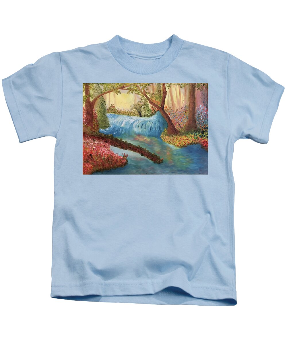 Springtime Kids T-Shirt featuring the painting Waterfall in Paradise by Susan Grunin
