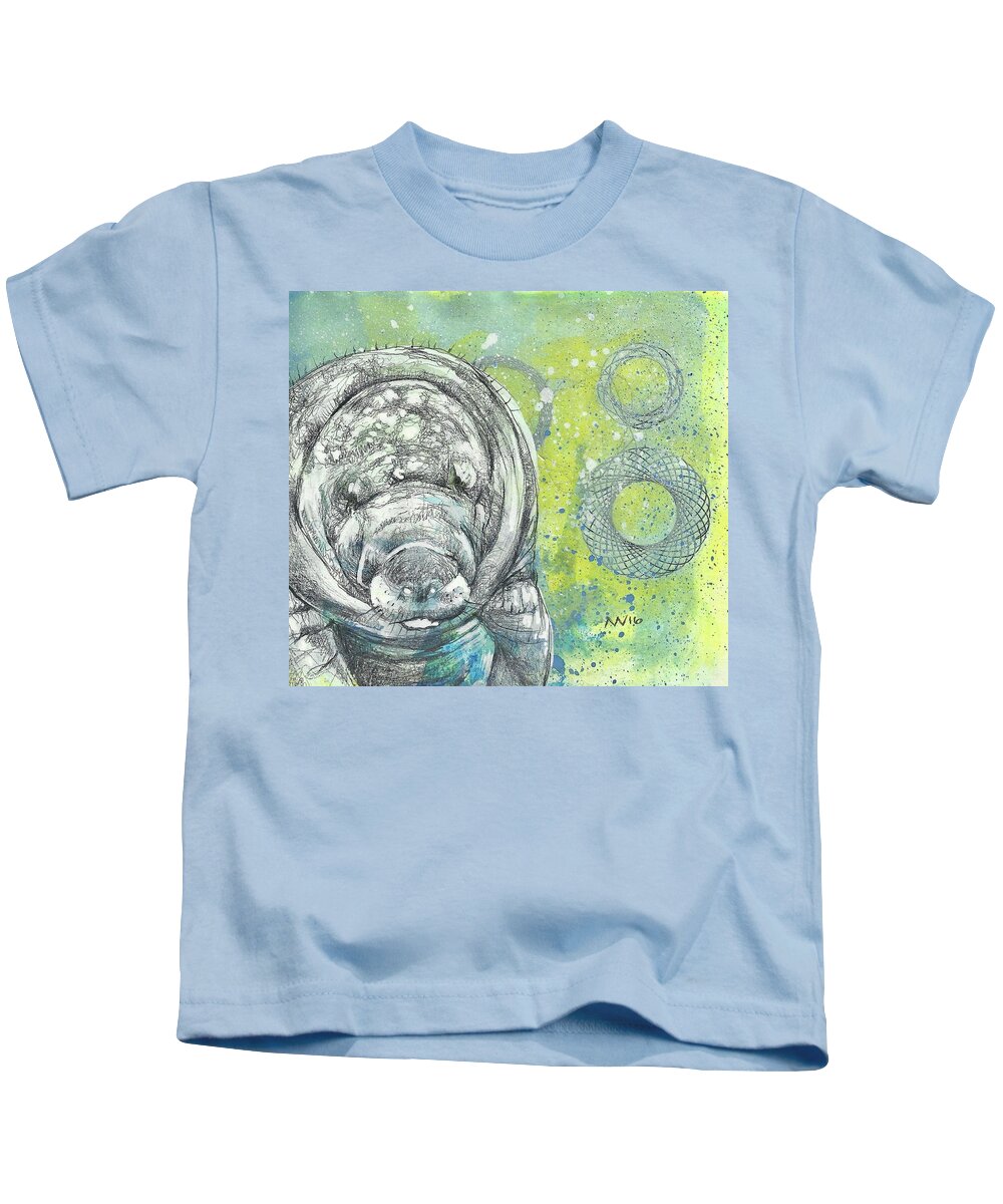 Manatee Kids T-Shirt featuring the mixed media Whimsical Manatee by AnneMarie Welsh