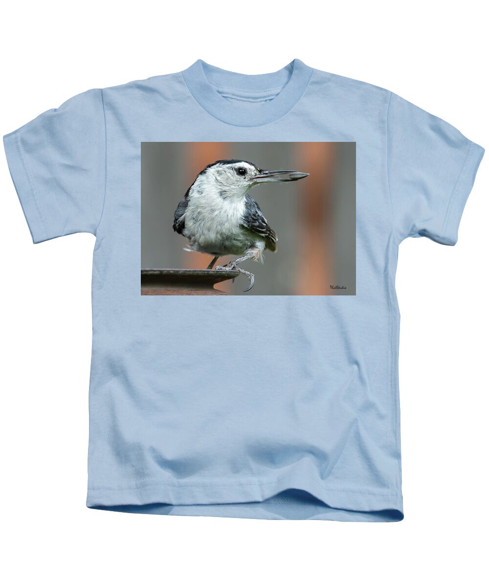 Backyard Birds Kids T-Shirt featuring the photograph White-breasted Nuthatch with Sunflower Seed by Tim Kathka