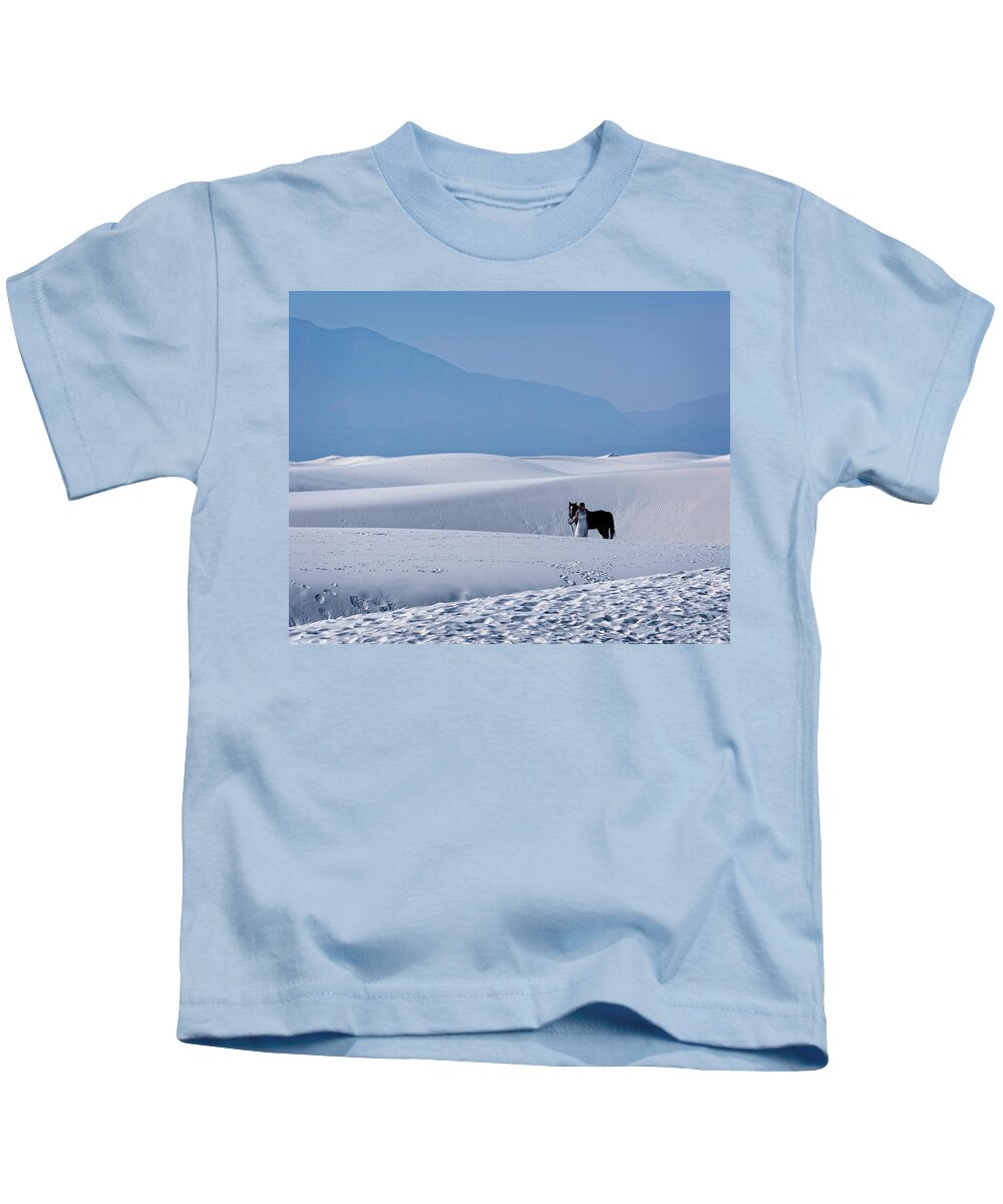 White Sands Kids T-Shirt featuring the photograph White Sands Horse and Rider #5b by Walter Herrit