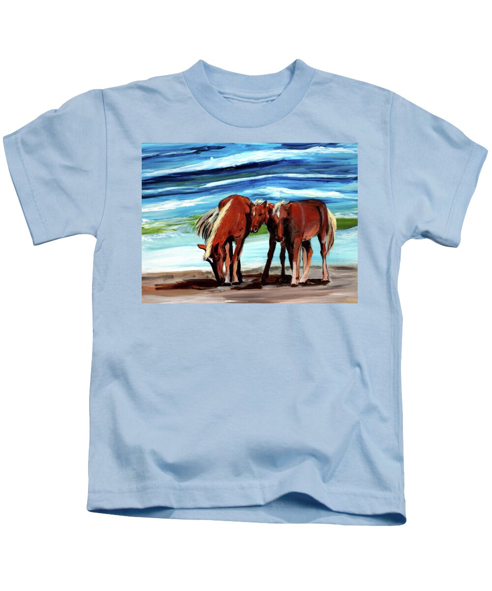 Horse Kids T-Shirt featuring the painting Wild Horses Outer Banks by Katy Hawk