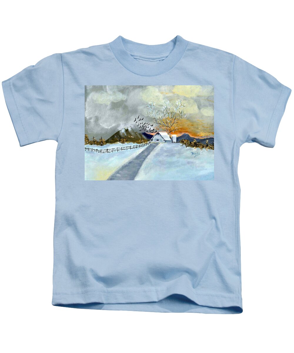 Barn Kids T-Shirt featuring the painting Winter Barn by Donna Blackhall