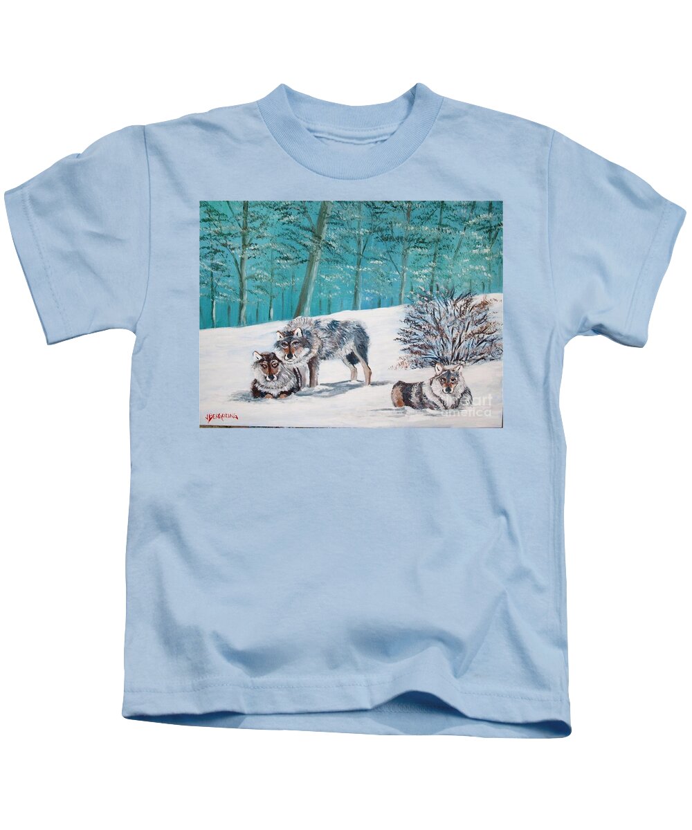 Wolves Kids T-Shirt featuring the painting Wolves in the wild by Jean Pierre Bergoeing