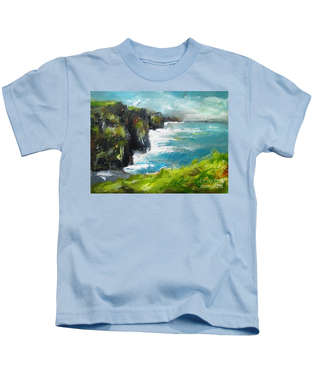 Moher Cliffs Kids T-Shirt featuring the painting Painting Of The Cliffs Of Moher County Clare Ireland by Mary Cahalan Lee - aka PIXI